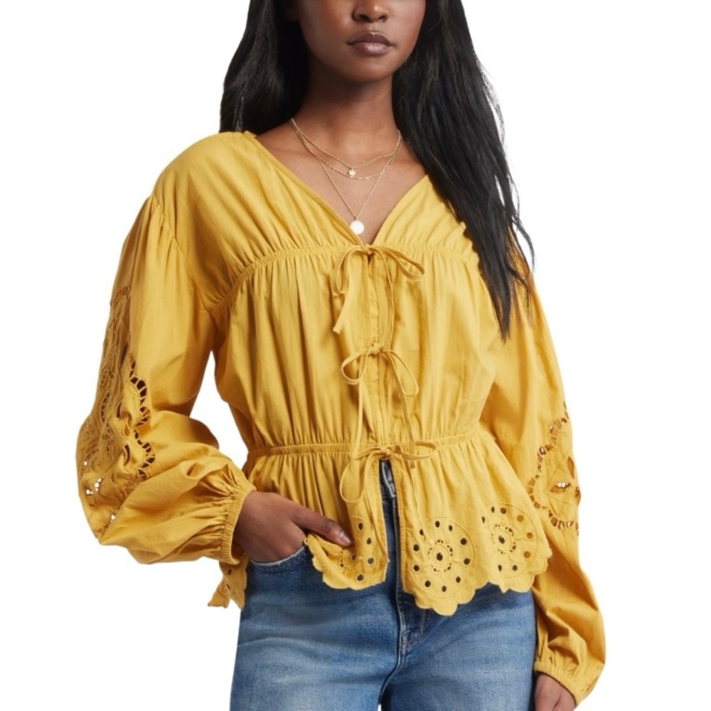 Treasure & Bond Long Sleeve Cotton Eyelet Top in Mustard Puffed‎ Sleeves Sz S